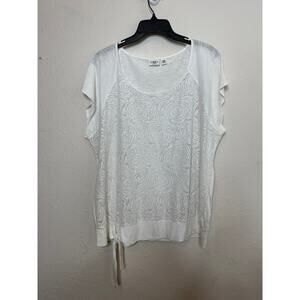 Cato's Woman's 26/28 Cotton Blend Lace Sheer Front Tie White Cap Sleeve Blouse